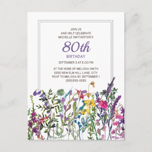 Carte Postale Aquarelle rose violet Fleurs sauvages 80e annivers (Devant)