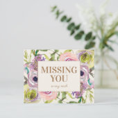 Carte Postale Aquarelle rose violet jaune Floral Vous Manquant (Debout devant)