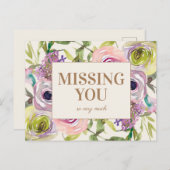 Carte Postale Aquarelle rose violet jaune Floral Vous Manquant (Devant / Derrière)