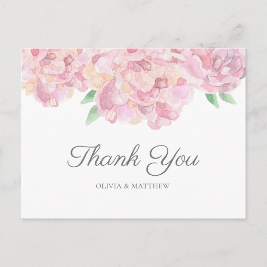 Carte Postale Aquarelle roses pivoines. Merci de mariage de jard (Devant)