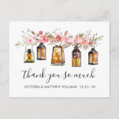 Carte Postale Aquarelle rustique Floral Lanterne Mariage Merci (Devant)