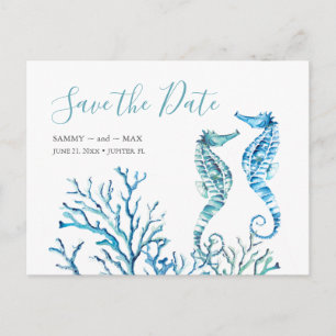 Carte postale aquarelle seahorse bleu "Sauver la d