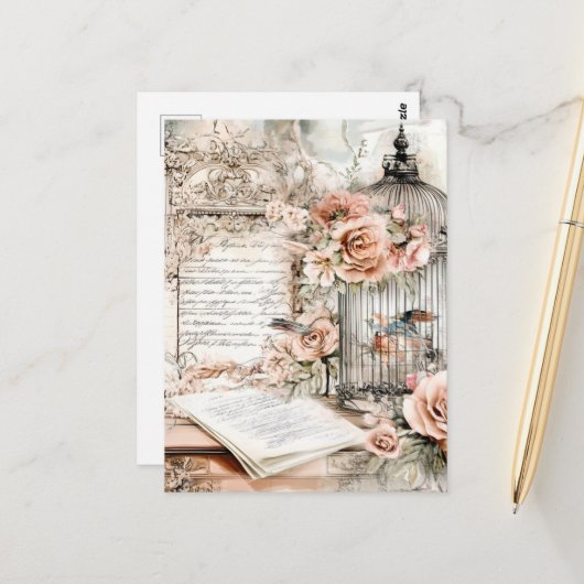 Carte Postale Aquarelle Shabby Chic Bird Cage (Devant/Arrière en situation)