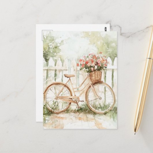 Carte Postale Aquarelle Shabby Chic Vélo (Devant/Arrière en situation)