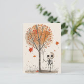 Carte Postale Aquarelle Skeleton avec Fall Tree Cute Halloween (Debout devant)