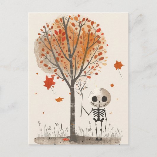 Carte Postale Aquarelle Skeleton avec Fall Tree Cute Halloween (Devant)