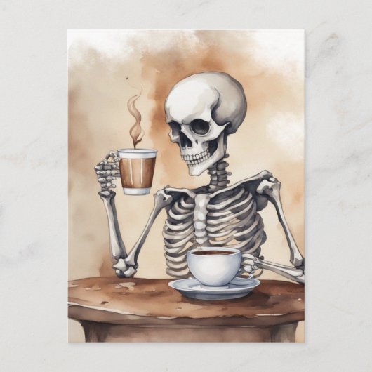 Carte Postale Aquarelle Skeleton savoure du café (Devant)