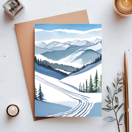 Carte Postale Aquarelle Ski Mountain
