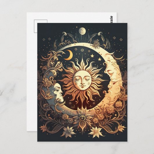 Carte Postale Aquarelle Soleil et Lune Céleste (Devant / Derrière)
