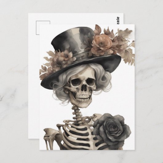 Carte Postale Aquarelle Squelette dans un Casquette élégant avec (Devant / Derrière)