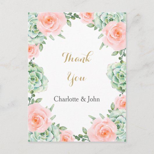 Carte Postale Aquarelle Succulent Blush Floral Élégant Mariage (Devant)