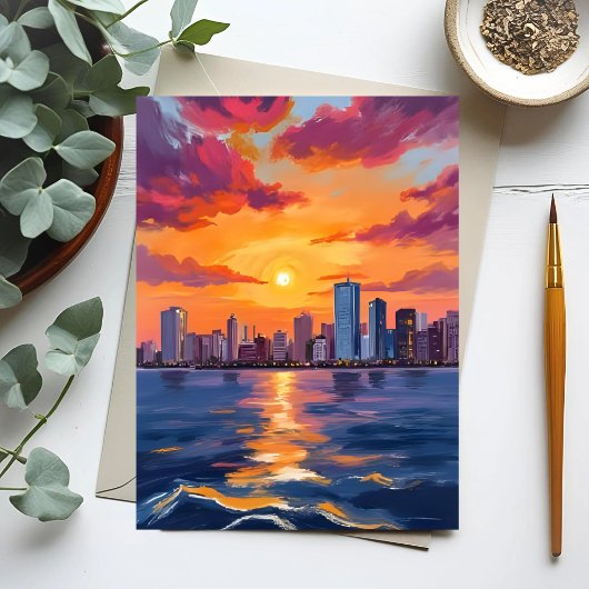 Carte Postale Aquarelle Sunset City Skyline