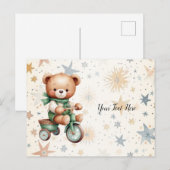 Carte Postale Aquarelle Teddy Bear Stars Vert Vélo Beau (Devant / Derrière)