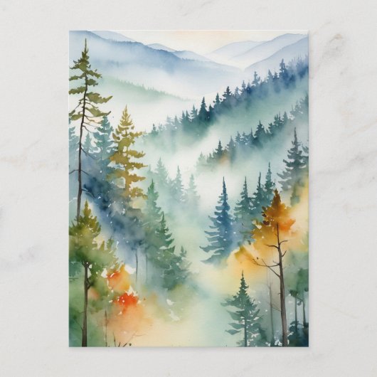 Carte Postale Aquarelle tendance Green Pine Forest Mountain (Devant)