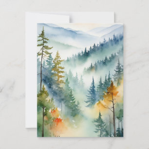 Carte Postale Aquarelle tendance Green Pine Forest Mountain