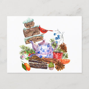 Carte Postale Aquarelle Thé de Noël et heure du gâteau