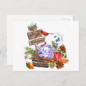 Carte Postale Aquarelle Thé de Noël et heure du gâteau (Devant / Derrière)