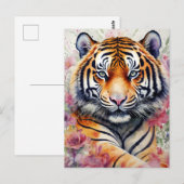 Carte Postale Aquarelle Tigre Avec Fleurs Peinture Florale (Devant / Derrière)