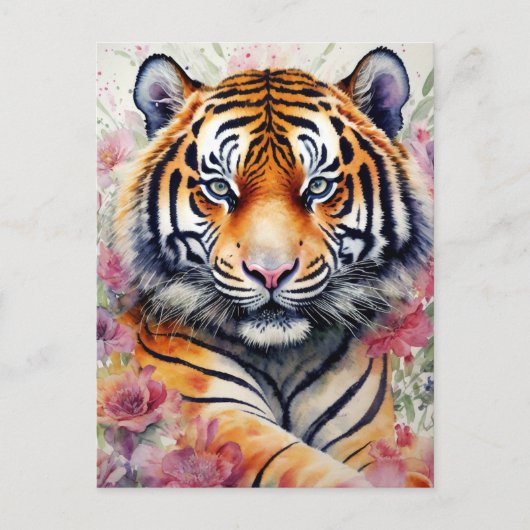 Carte Postale Aquarelle Tigre Avec Fleurs Peinture Florale (Devant)