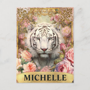 Carte Postale Aquarelle Tigre Blanc Vintage et Roses Roses