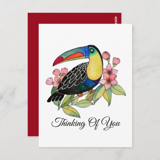 Carte Postale Aquarelle Toucan Bird Avec Fleurs (Devant / Derrière)