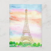 Carte Postale Aquarelle Tour Eiffel au coucher du soleil Paris (Devant)