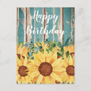 Carte Postale Aquarelle tournesol et bois rustique Anniversaire