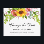 Carte Postale Aquarelle Tournesol Floral Changement La Date<br><div class="desc">Elégante Aquarelle moderne Tournesol Changement Floral Date Mariage Postponement Carte postale avec tournesols,  roses roses roses et verdure</div>