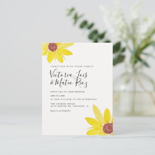 Carte Postale Aquarelle tournesol sauvage Floral Jaune Mariage (Debout devant)