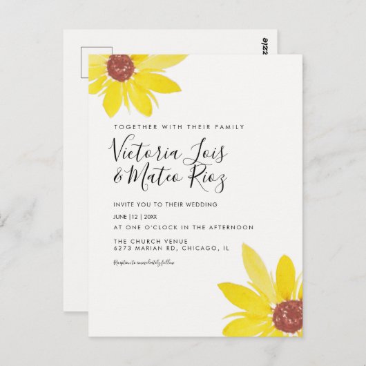 Carte Postale Aquarelle tournesol sauvage Floral Jaune Mariage (Devant / Derrière)