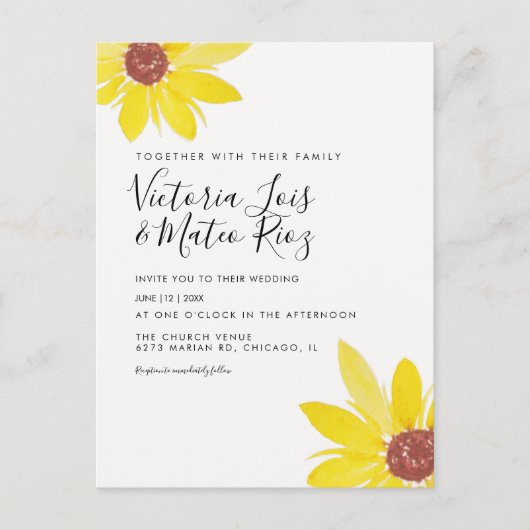 Carte Postale Aquarelle tournesol sauvage Floral Jaune Mariage (Devant)