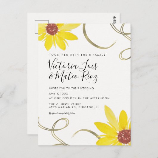 Carte Postale Aquarelle tournesol Wild Floral Swirl Mariage (Devant / Derrière)