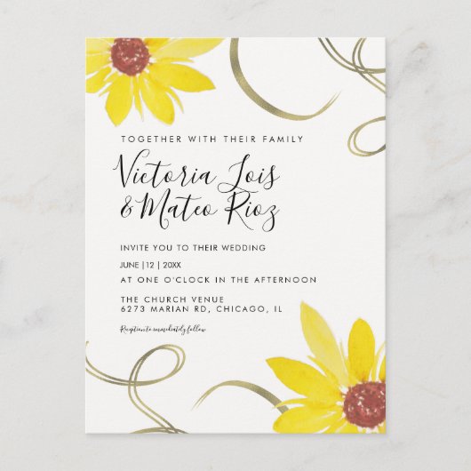 Carte Postale Aquarelle tournesol Wild Floral Swirl Mariage (Devant)
