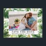 Carte Postale Aquarelle Tropical Green Photo Enregistrer La Date<br><div class="desc">Aquarelle moderne Vert tropicale et Feuilles de palmiers Enregistrer la date Photo Fiançailles Carte postale</div>