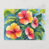 Carte Postale Aquarelle Tropical Hawaii Rouge Jaune Hibiscus (Devant)