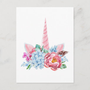 Carte Postale Aquarelle Unicorn Couronne florale