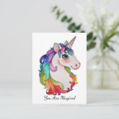 Carte Postale Aquarelle Unicorne avec cheveux arc-en-ciel (Debout devant)