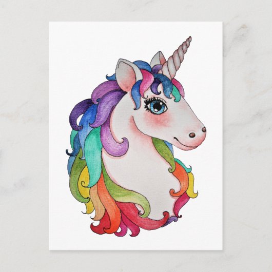 Carte Postale Aquarelle Unicorne avec cheveux arc-en-ciel (Devant)
