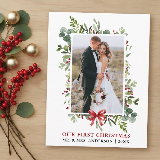 Carte Postale Aquarelle Verdure Nœud Rouge Premier Noël