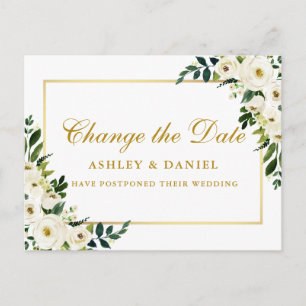 Carte Postale Aquarelle Vert Blanc Floral Changement La Date Or