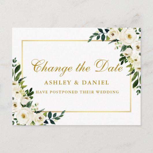 Carte Postale Aquarelle Vert Blanc Floral Changement La Date Or (Devant)