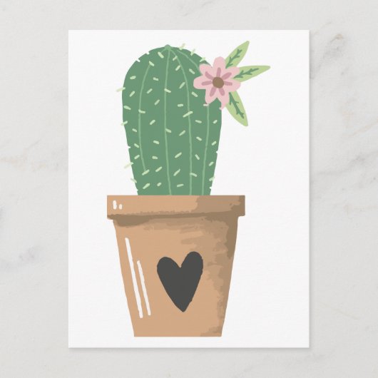 Carte Postale Aquarelle Vert Cactus Fleur Amour Coeur (Devant)
