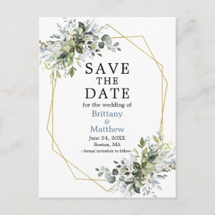 Carte Postale Aquarelle Vert Dusty Bleu Enregistrer La Date