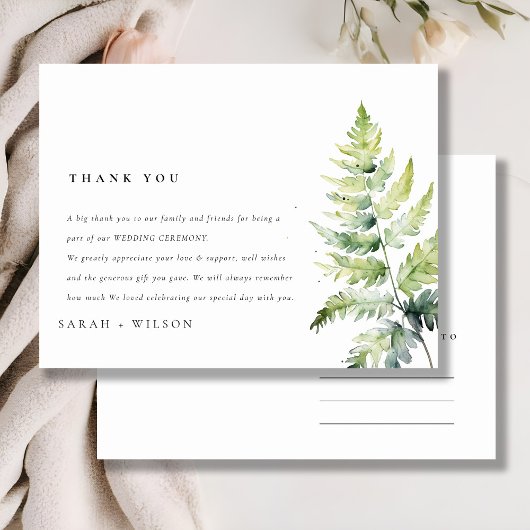 Carte Postale Aquarelle Vert Fern Merci Mariage