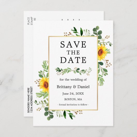Carte Postale Aquarelle Vert Fleurs de soleil Enregistrer la dat (Devant / Derrière)