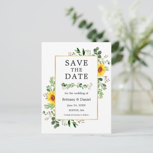 Carte Postale Aquarelle Vert Fleurs de soleil Enregistrer la dat (Debout devant)