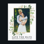 Carte Postale Aquarelle Vert Floral Blanc Enregistrer La Date<br><div class="desc">Aquarelle moderne Eucalyptus Vert Fleurs Blanches Cadre Enregistrer La Date Photo Fiançailles Carte Postale - Gold Frame</div>