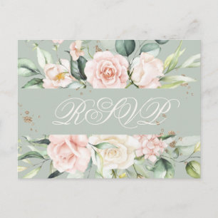 Carte Postale Aquarelle vert rose monogramme RSVP