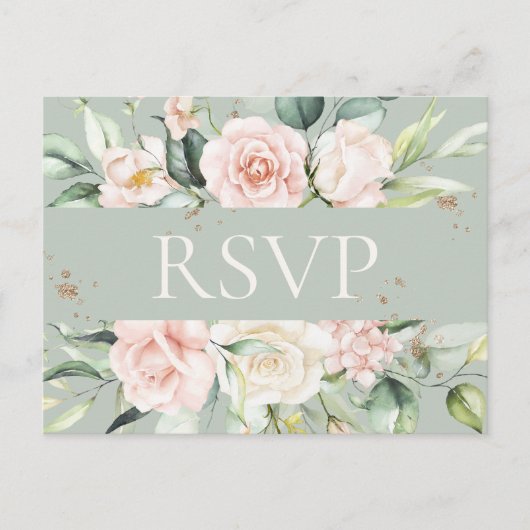 Carte Postale Aquarelle vert rose monogramme RSVP (Devant)