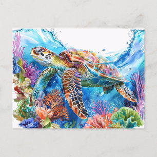 Carte Postale Aquarelle Vibrante Tortue marine